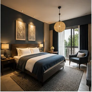 Design-led boutique hotel guest room with warm lighting and bespoke furnishings