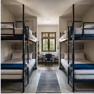 Bright modern hostel dormitory with organised bunk beds