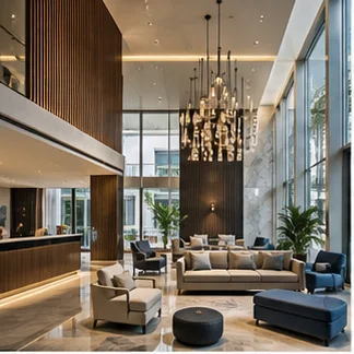 Contemporary hotel lobby with reception and guest seating