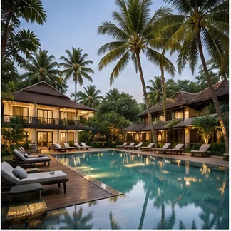 Tropical resort with private villas surrounding a swimming pool