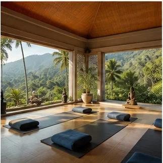 Serene open-air wellness retreat studio overlooking green mountains