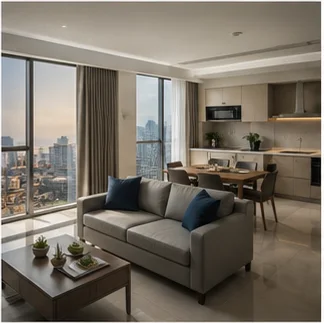 Premium serviced apartment living room with kitchen and city view